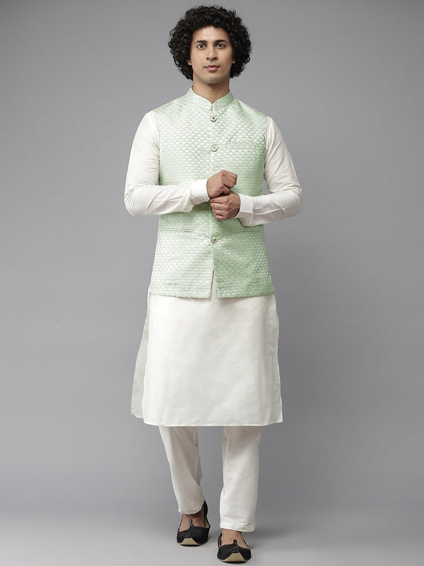 Men Sap green & White Woven Jacquard Neharu jacket | WomensFashionFun.com