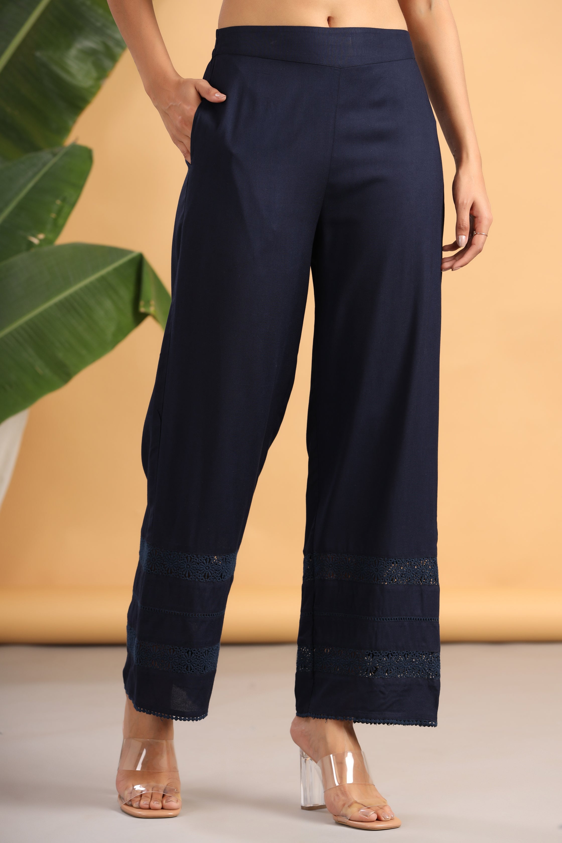 Navy Blue Rayon Solid Flared Palazzo