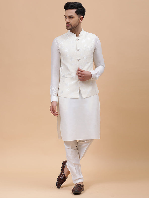 Men Off White & Gold Woven Design Jacquard Neharu jacket | WomensFashionFun.com