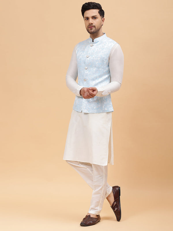 Men Turquoise Blue & Gold Woven Design Jacquard Neharu jacket | WomensFashionFun.com