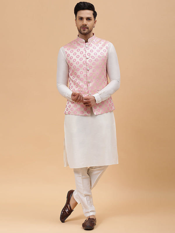 Men Gold & Pink Woven Design Jacquard Neharu jacket | WomensFashionFun.com