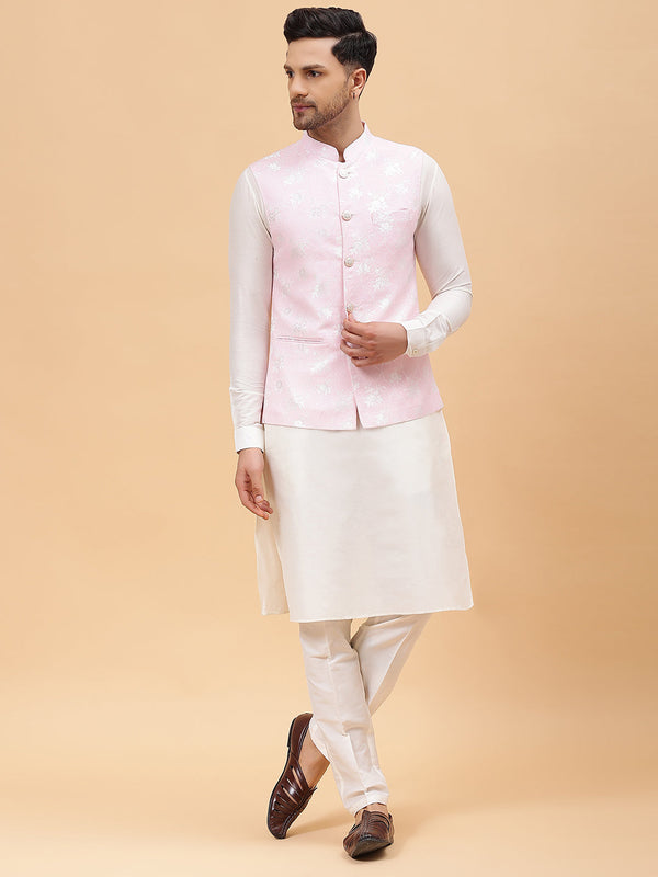 Men Pink & Gold Woven Design Jacquard Neharu jacket | WomensFashionFun.com
