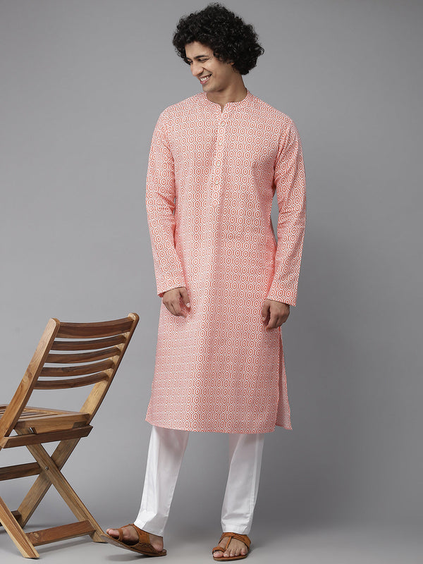 Men Peach-Coloured & White Printed Pure Cotton Straight Kurta With Pyjama | WomensFashionFun.com