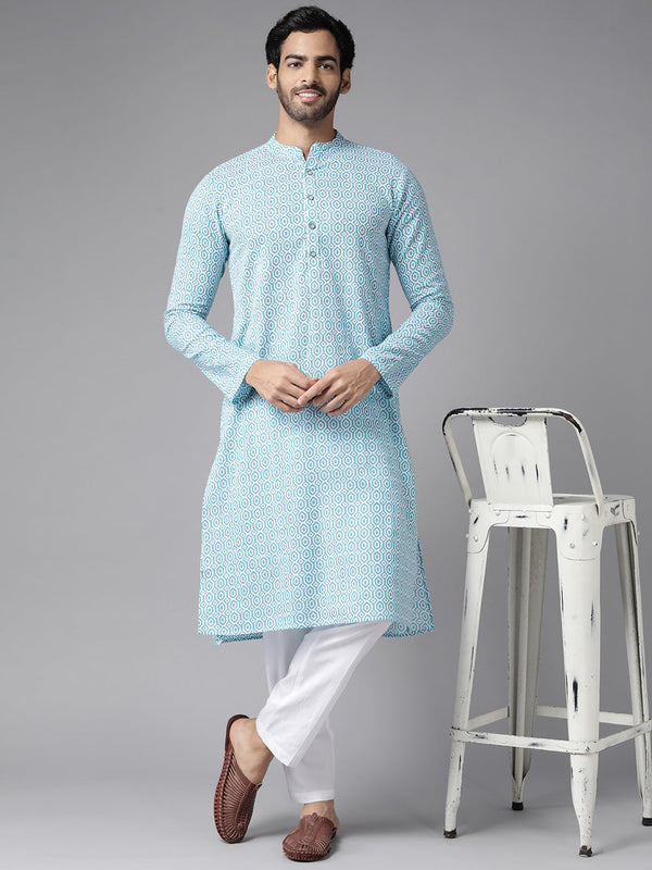 Men Blue-Coloured & White Printed Pure Cotton Straight Kurta With Pyjama | WomensFashionFun.com