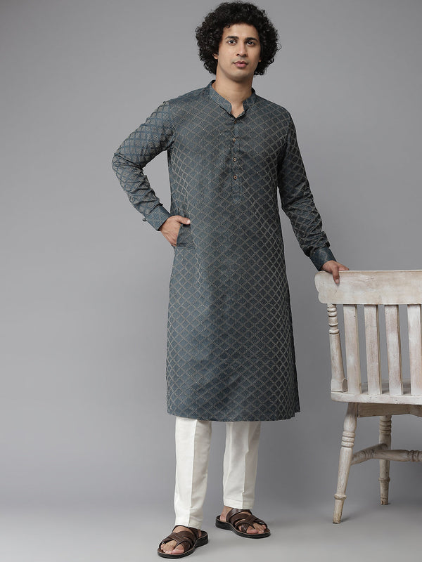 Men Green & Gold-Toned Woven Design Kurta With Pyjama | WomensFashionFun.com