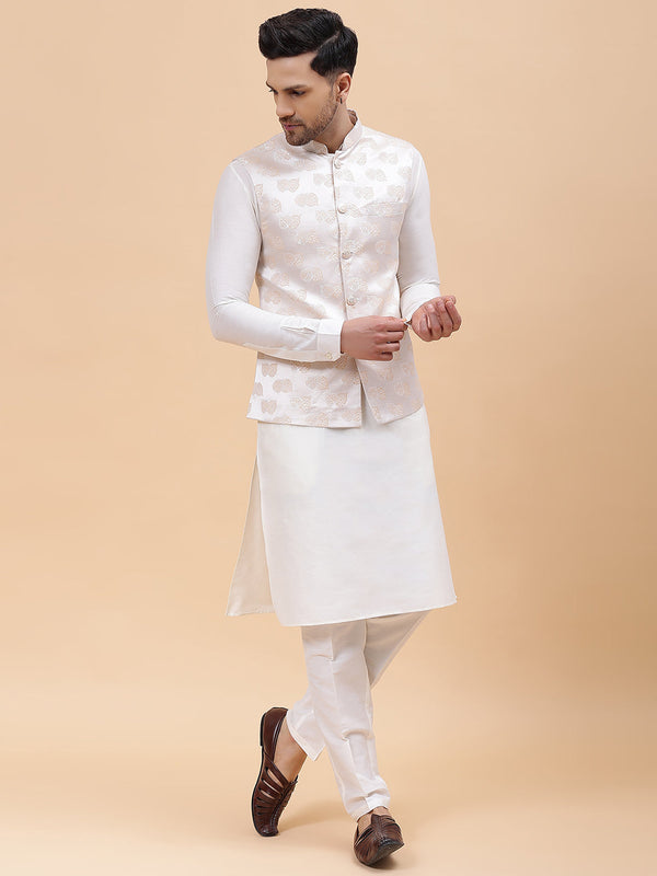 Men Off White & Gold Woven Design Jacquard Neharu jacket | WomensFashionFun.com