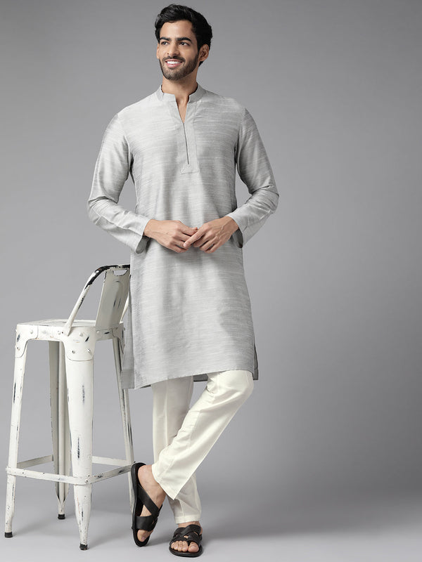 Men Grey Cotton Slik Straight Kurta With Pyjama | WomensFashionFun.com