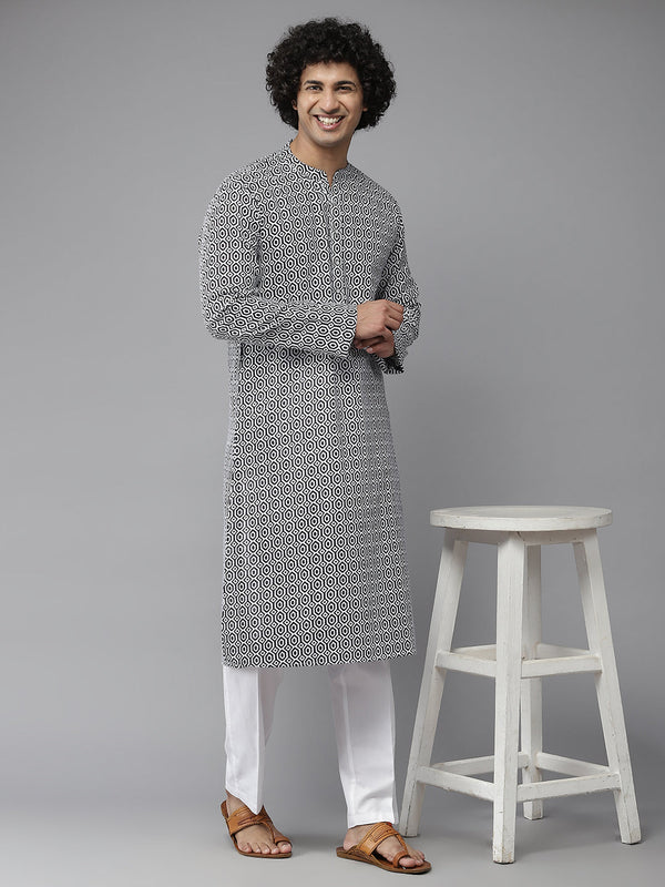 Men Navy Blue-Coloured & White Printed Pure Cotton Straight Kurta With Pyjama | WomensFashionFun.com
