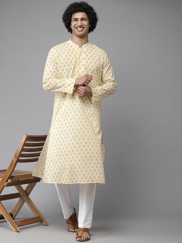 Men Yellow & White Floral Printed  Kurta With Pyjama | WomensFashionFun.com