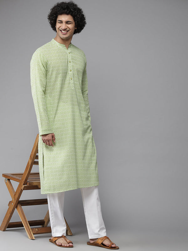 Men Lime Green & White Printed Pure Cotton Straight Kurta With Pyjama | WomensFashionFun.com