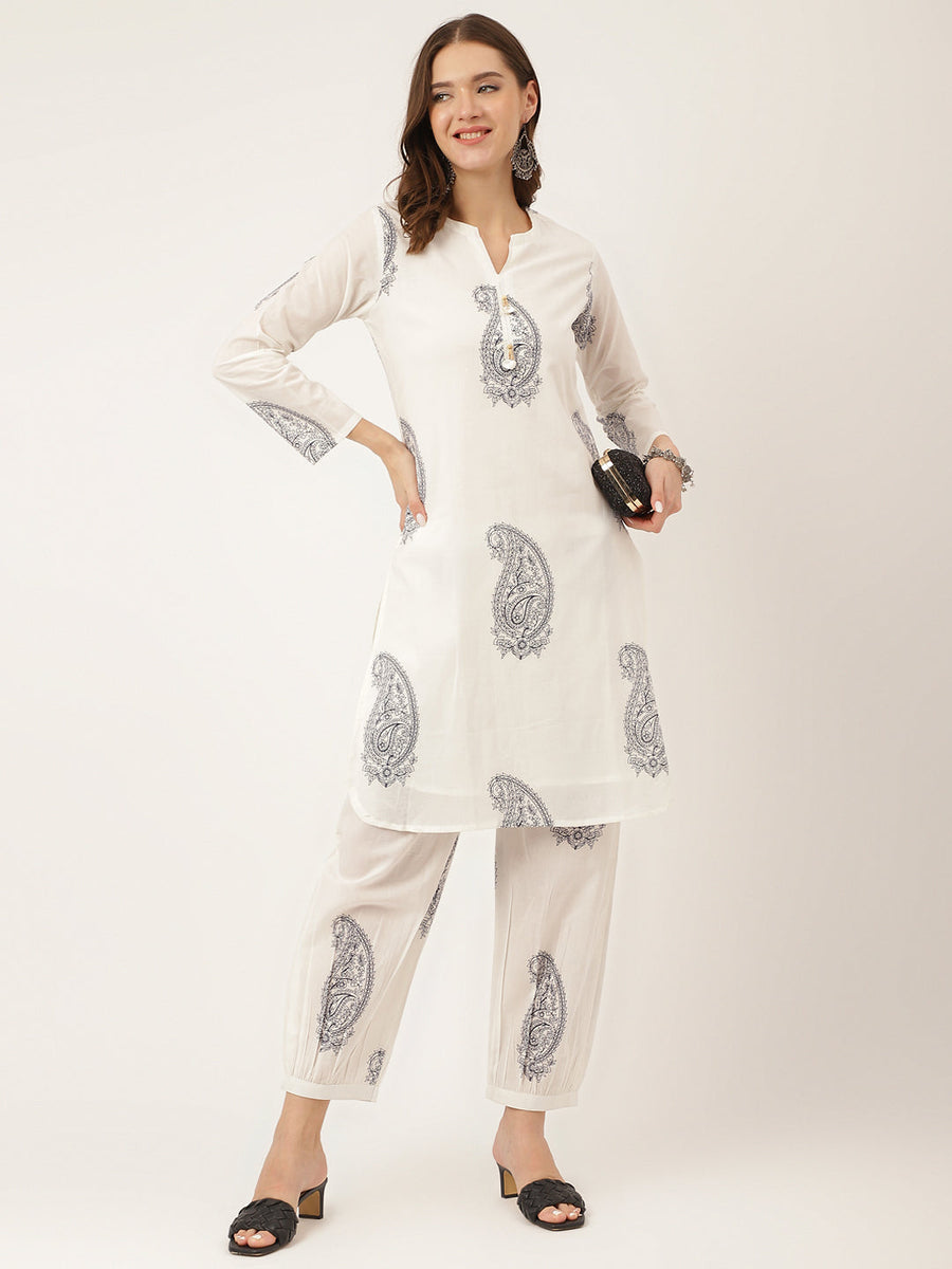 White Base Multicoloured Viscose Rayon Self Print Co-ord Set