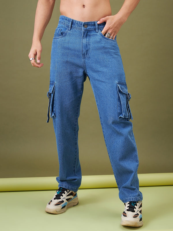 Men Ice Blue Box Pocket Relax Fit Jeans | WomensFashionFun.com