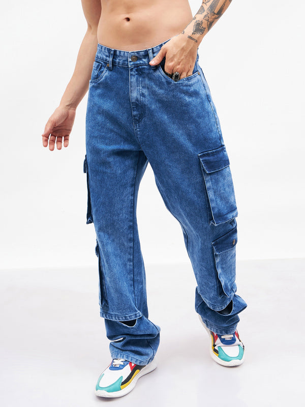 Men Blue Washed Utility Pocket Relax Fit Jeans | WomensFashionFun.com