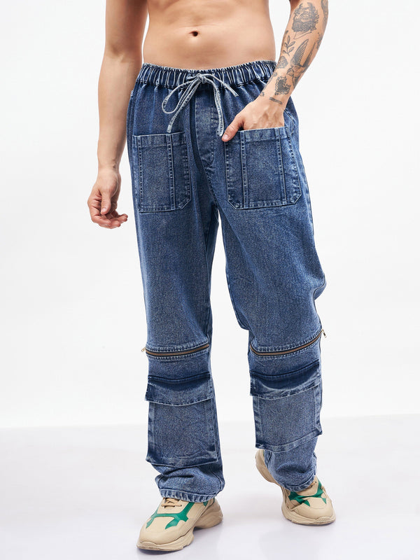 Men Blue Front Zipper Baggy Fit Jeans | WomensFashionFun.com