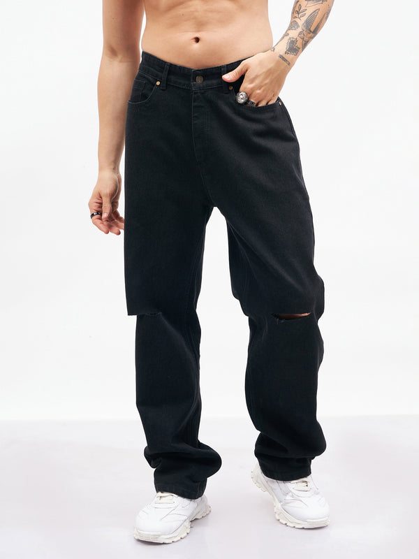 Men Black Knee Slit Relax Fit Jeans | WomensFashionFun.com