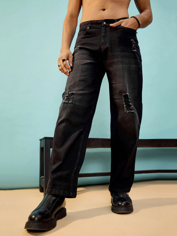 Men Black Washed Distressed Oversize Jeans | WomensFashionFun.com