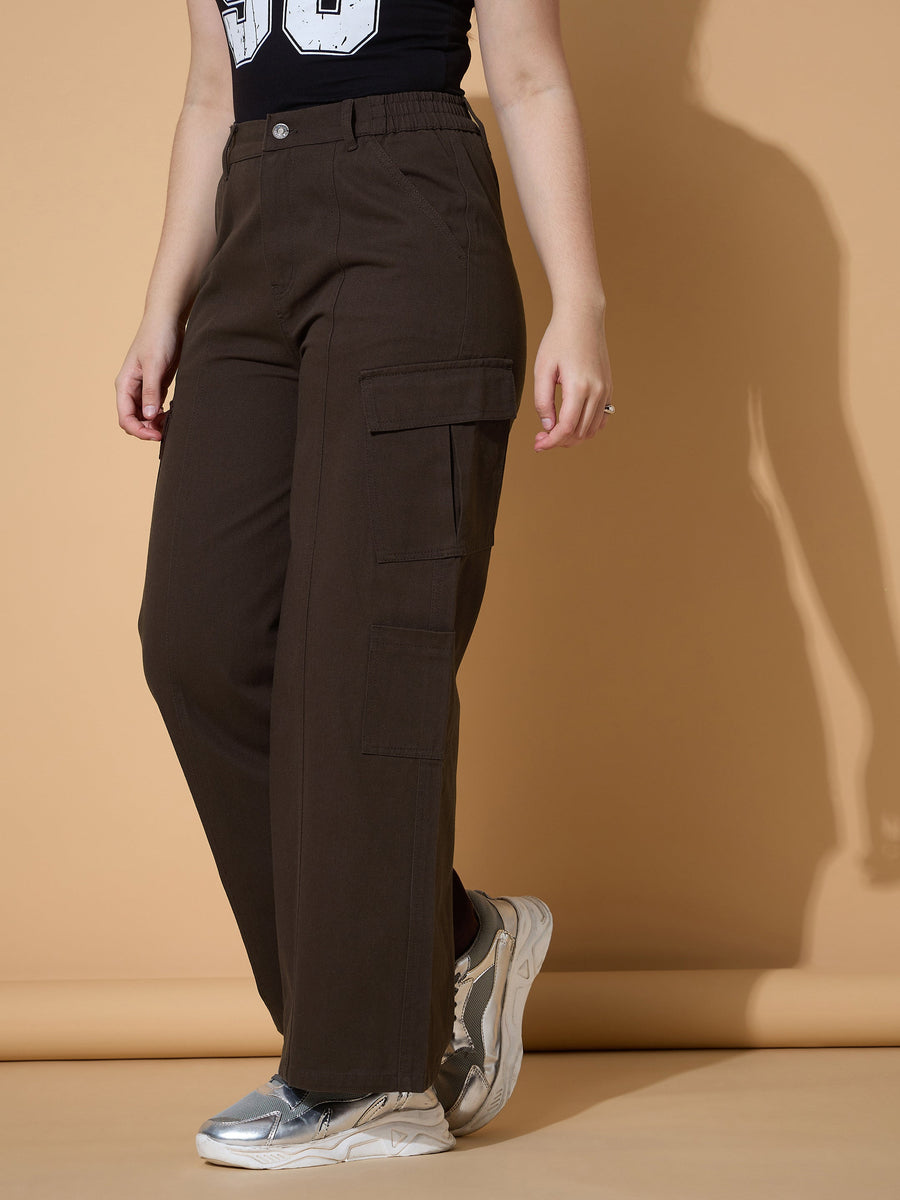 Girls Dark Brown Twill Multi Pocket Straight Pants