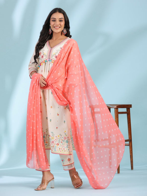 Women Off-White Cotton Cambric Floral Printed & Embroidered Alia Cut Kurta Set | womensfashionfun