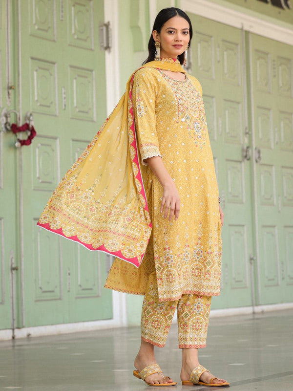 Women Mustard Cotton Cambric Printed Kurta, Pants & Dupatta Set | womensfashionfun