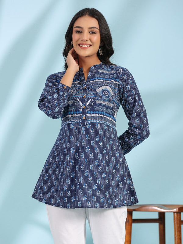 Women Blue Cotton Cambric Printed A-Line Tunic | WomensFashionFun.com