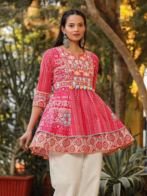 Women Pink Cotton Cambric printed & Embroidered Tunic | WomensFashionFun.com
