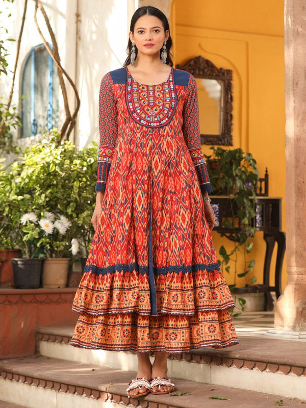 Women Ikat Printed & Embroidered Rust Cotton Voile Layered Maxi Dress | womensfashionfun