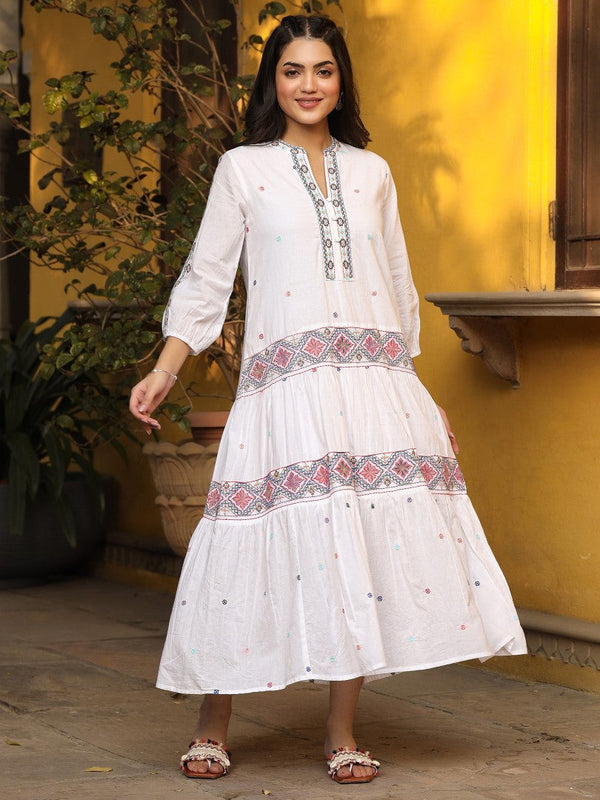 Women White Cotton Cambric Embroidered Tiered Maxi Dress | womensfashionfun