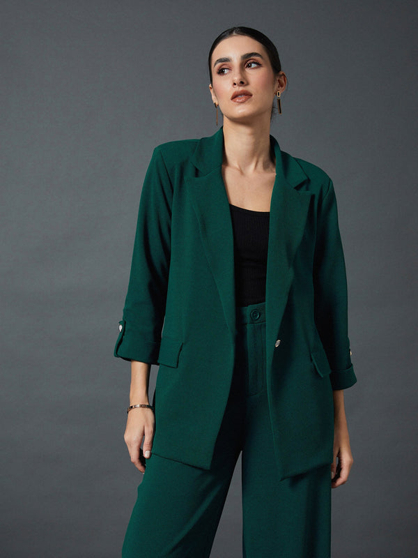 Women Emerald Green Front Button Blazer | womensfashionfun