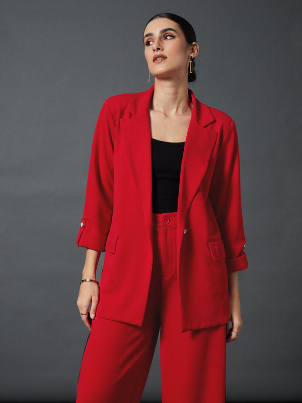Women Red Front Button Blazer | womensfashionfun