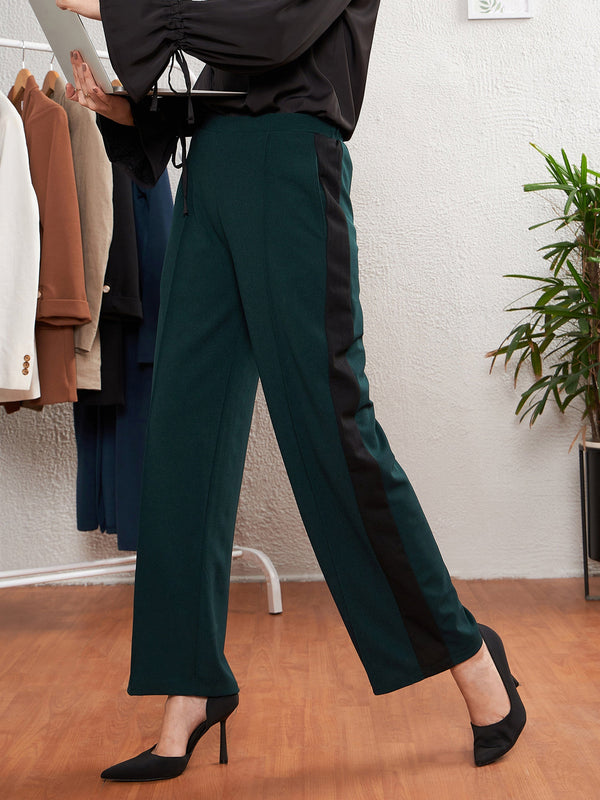 Women Emerald Green Side Tape Straight Pants | womensfashionfun