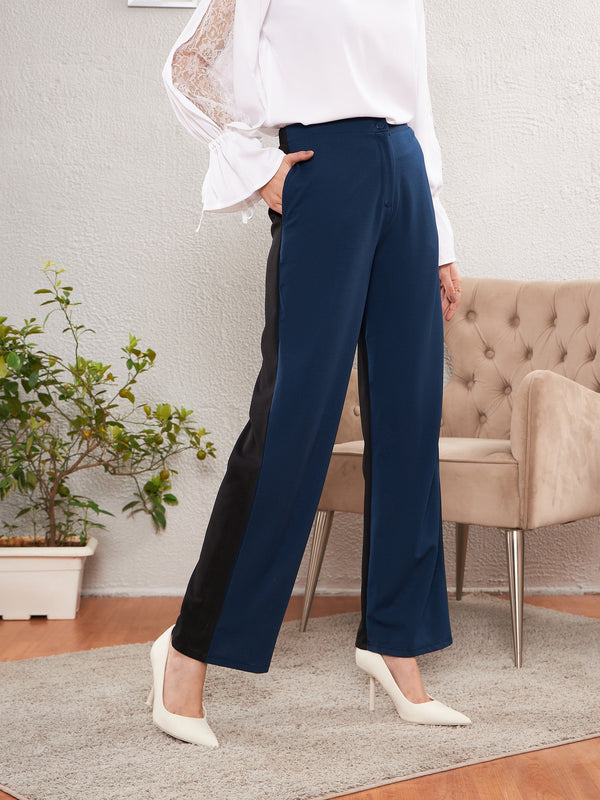 Women Blue & Black Color Block Straight Pants | womensfashionfun