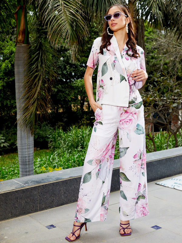 Women White Floral Shawl Collar Top With Pants | WomensFashionFun.com