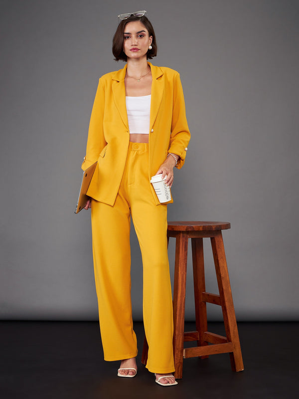 Women Mustard Front Button Blazer With Straight Pants | WomensFashionFun.com