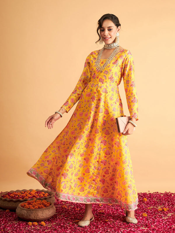 Women Yellow Floral Anarkali Maxi Dress | womensfashionfun