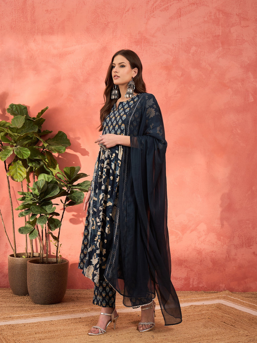 Women Navy Floral Front Yoke Kurta With Pencil Pants & Dupatta