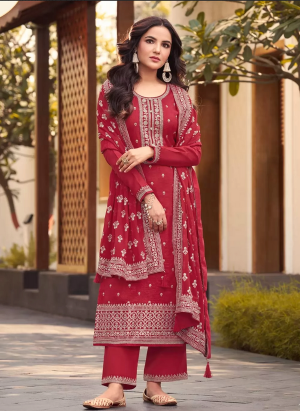 Red Designer Silk with Embroiderey Work Suits