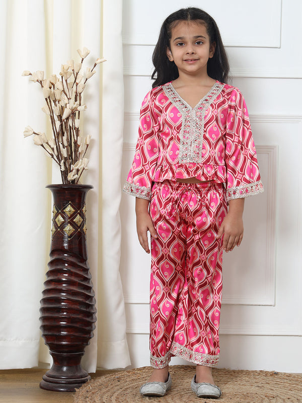 Straight Style Satin Fabric Pink Color Top With Palazzo