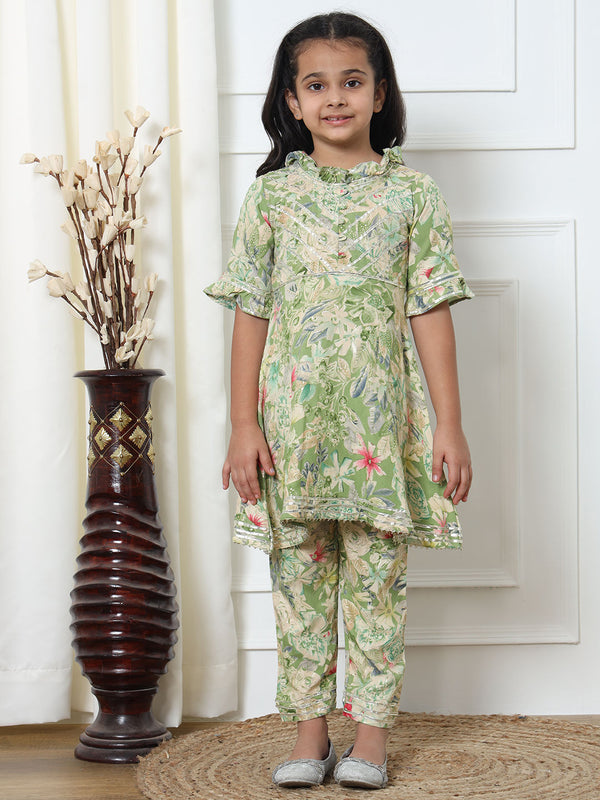 A Line Style Rayon Fabric Green Color Kurti With Pyjama