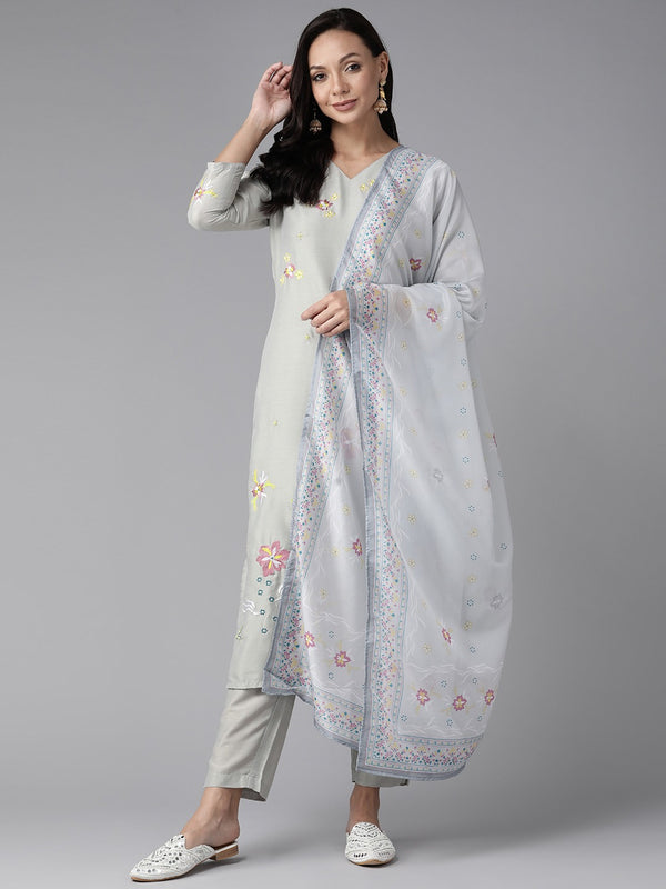Women Grey Pure Silk Kurta Set With Dupatta | WomensFashionFun