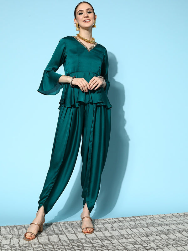 Women Teal Green Silk Blend Co-Ord Set | WomensFashionFun