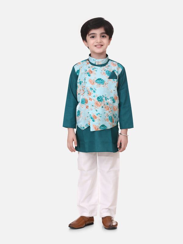 Attached Floral print Jacket Cotton Kurta Pajama For Boys-Green | WomenFashionFun