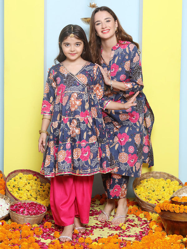 Blue Floral Cotton Printed A line Kurta Set For Women & Angrakha Kurta Sharara Set For Girls | WomensFashionFun