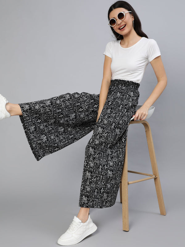 Women Black Printed Wide Legged Printed Plazo With Side Pockets | womensFashionFun.com