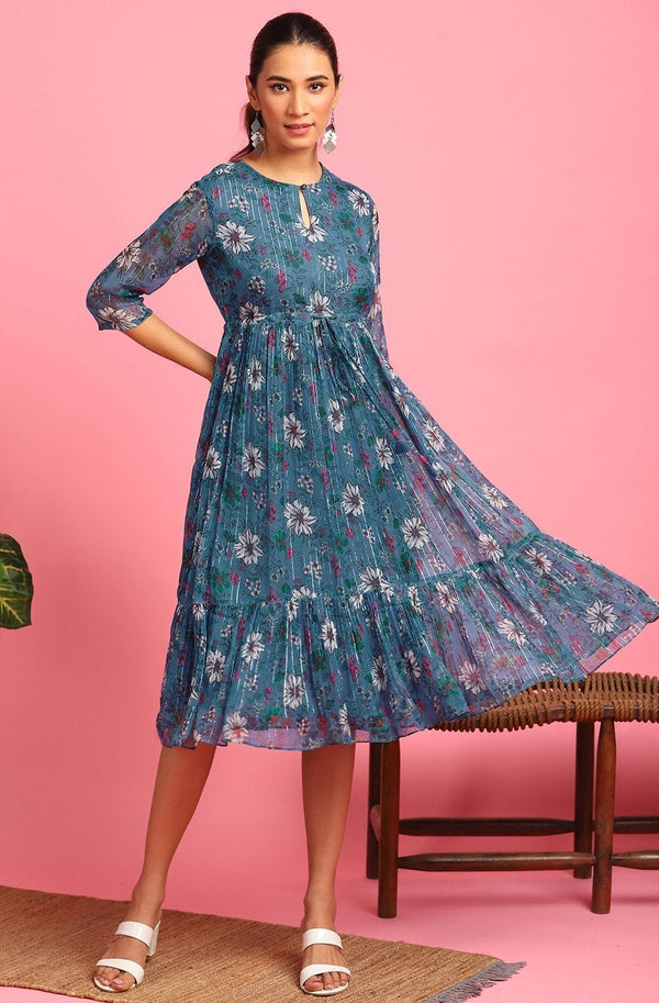 Women's Blue Poly Georgette Western Dress | WomensFashionFun