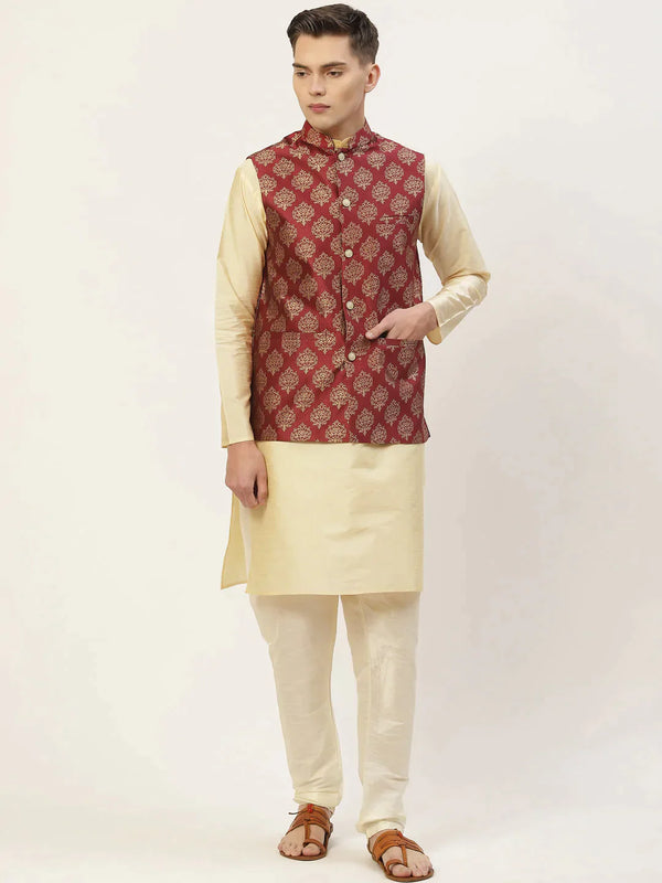 Men's Solid Kurta Pyjama With Floral Maroon Printed Nehru Jacket | WomensfashionFun.com