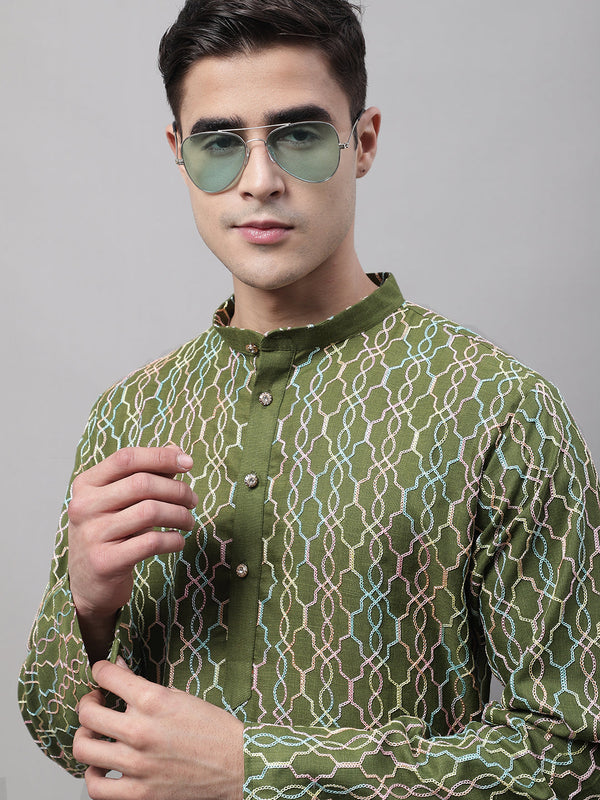 Men's Olive Green and Multi Coloured Embroidered Straight Kurtas | WomensfashionFun.com