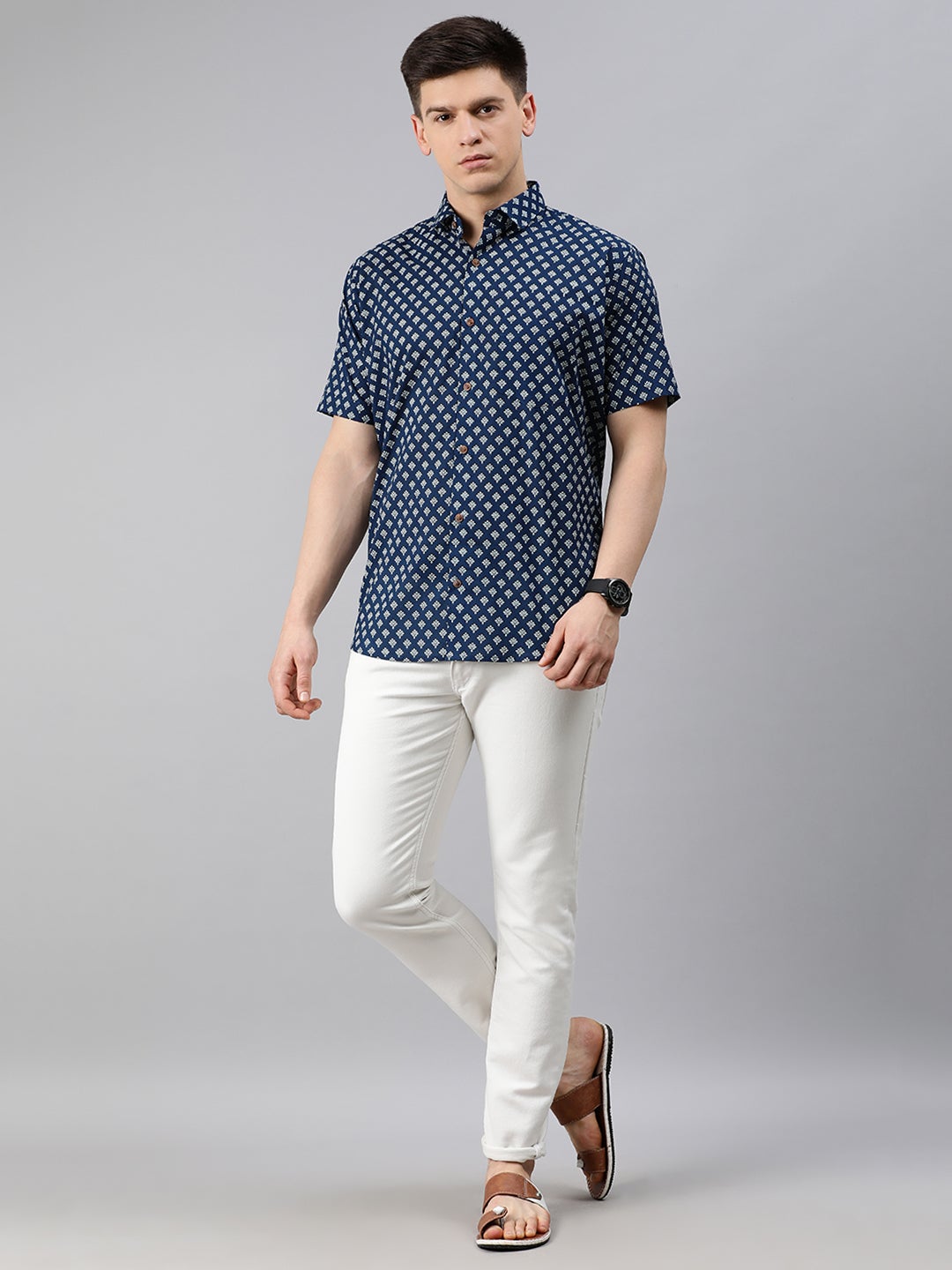Blue Cotton Short Sleeves Shirts For Men