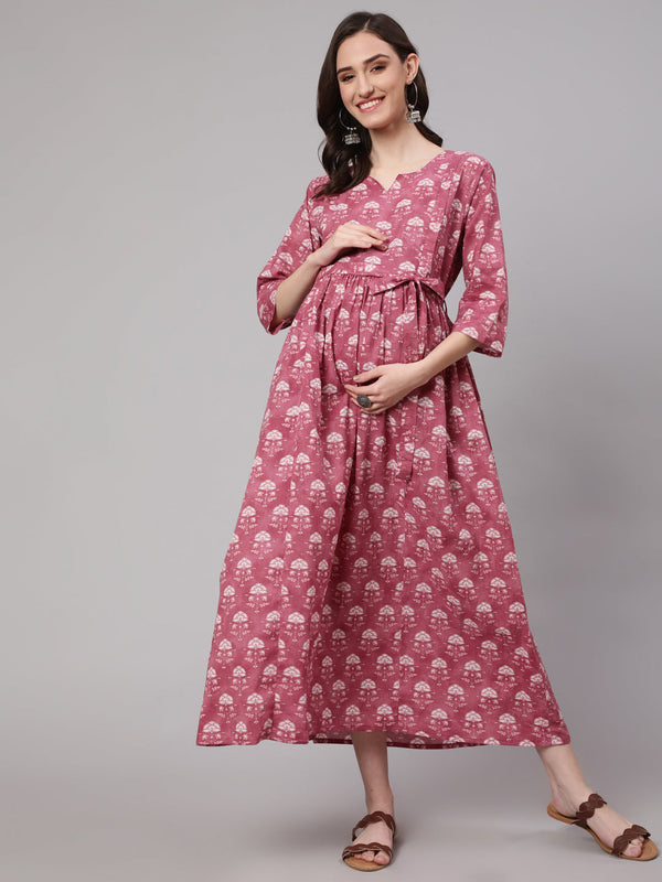 Women Pink Floral Printed Flared Maternity Dress | womensFashionFun.com