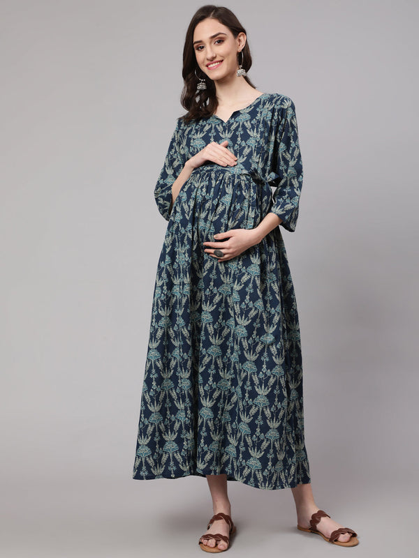 Women Blue Printed Flared Maternity Dress | womensFashionFun.com