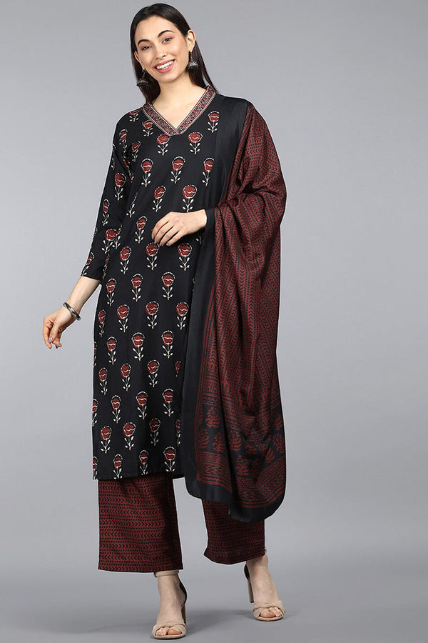 Black Polyester Ethnic Motifs Straight Suit Set | WomensfashionFun.com